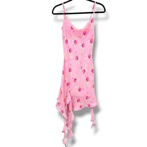 Four Hearts Sheer Floral Slip Dress Pink Roses Cowl Neck Ruffle Hem Asymmetrical